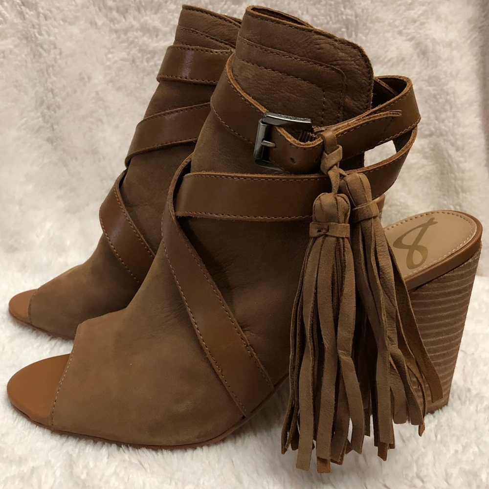 Sam Edelman Brown Suede Open-Toe Tassel Ankle Booties